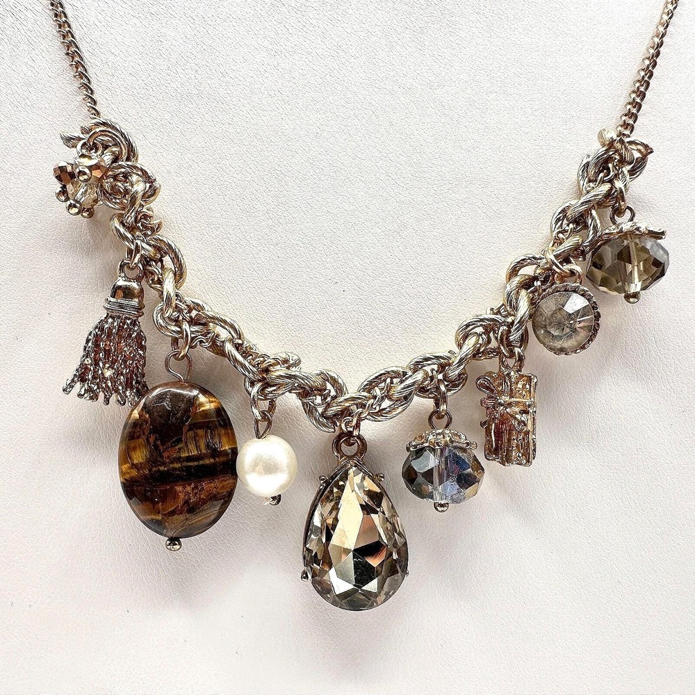 Vintage 80s Boho Luce Gold Charm Necklace Tassel Tigers Eye Women's Jewelry Y2K